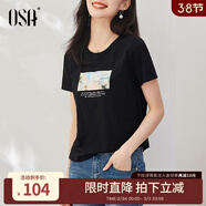 歐莎（OSA）白色短款T恤女士夏季新款衣服短袖印花顯瘦正肩上衣體恤修身 黑色 L