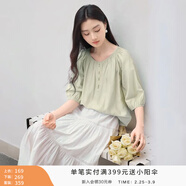 香影中袖襯衫女圓領(lǐng)2025夏裝新款慵懶泡泡袖氣質(zhì)淑女寬松藍色上衣 淺綠 M 160/84A/95-110斤
