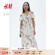 H&M女裝花卉連衣裙春季花朵泡泡一字肩短袖植物印花長(cháng)裙1230970 白色/花卉 XS 155/80
