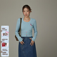 CHUU字母刺繡針織衫女2025秋季新品撞色套頭打底彩虹扣長(cháng)袖毛衣 藍色 均碼