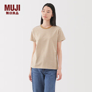 MUJI女式 天竺編織 圓領(lǐng)短袖T恤 上衣打底衫女款25年夏季女裝內搭 暗黃色條紋 BB2P4C5S M (160/84A)
