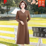 皮爾卡丹（pierre cardin）中長(cháng)款V領(lǐng)連衣裙40歲女人時(shí)尚穿搭裙 聚酯纖維修身長(cháng)裙 中老年洋 焦糖色 4XL 建議135-145斤