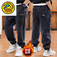 G.duck男孩褲子百搭兒童牛仔褲男童休閑褲帥氣韓版束腳長(cháng)褲秋冬款中大童 黑色加絨牛仔褲 140 適合身高130-140cm年齡9- 10
