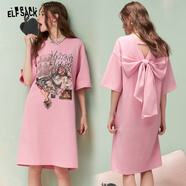 妖精的口袋26春夏新款原創(chuàng  )設計印花蝴蝶結五分袖連衣裙寬松休閑T恤裙 甜美公主粉色 S