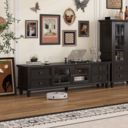 美樂(lè )貓美式復古全實(shí)木茶幾電視柜組合客廳收納儲物地柜視聽(tīng)柜實(shí)木家具柜 2.4米電視柜（黑胡桃色×純實(shí)木）