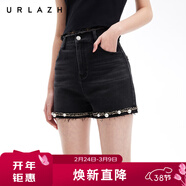 URLAZH有蘭夏季新款經(jīng)典黑隨性毛邊小香風(fēng)立體A字牛仔短褲女 黑 S 160
