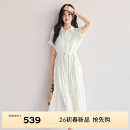 伊芙麗（eifini）朱珠代言醋酸腰帶收腰蛋糕A擺通勤襯衫式連衣裙女2026新款 米白 預售 M 105-115斤