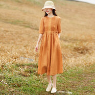 簡(jiǎn)丹柔杭州四季青高端女裝連衣裙洋裝亞麻夏季2025氣質(zhì)顯瘦大尺碼覆古棉 橘黃色 M (建議90-105斤 高)