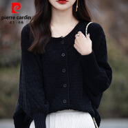 皮爾卡丹（pierre cardin）純棉針織衫女士圓領(lǐng)鏤空鉤花長袖外套毛衣寬松慵懶風(fēng)大碼外搭線衫 黑色 XL 【115-125斤穿】
