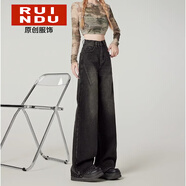 Rindu美式復古高腰闊腿牛仔褲女2026年新款辣妹黑色寬松窄版梨形直筒褲 黑色 XS 推薦75-85斤