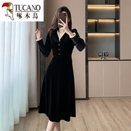 啄木鳥(niǎo)（TUCANO）2026秋冬韓版名媛氣質(zhì)絲絨V領(lǐng)長(cháng)袖洋裝黑色小禮服女打底裙長(cháng)裙 黑色原版 L