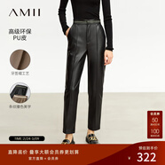 AMII女裝2025冬季新款通勤撞色拼接PU皮休閑褲女牙簽褶錐形褲 黑色 M 160/68A