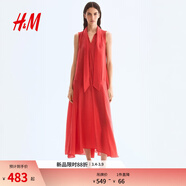H&M女裝連衣裙春季氣質(zhì)領(lǐng)口系帶歐根紗連衣裙1307342 亮紅色 XS 155/80