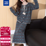 唐獅（TonLion）2025秋冬復古風(fēng)圖案開(kāi)衫毛衣和半裙兩件套女套裝