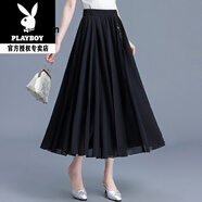 花花公子（PLAYBOY）中國風(fēng)雪紡半身裙女夏季中長(cháng)款2025新款高腰百褶大擺垂感a字裙子 2024黑色 XH61512025 均碼 (建議90-145斤左右)