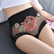 靚芯依4條 高腰蕾絲內(nèi)褲女性感無(wú)痕網(wǎng)紗刺繡棉檔大碼三角褲 4條裝：膚色+大紅+黑色+酒紅色 L碼115-150斤