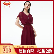 敦奴（DUNNU）【清倉價(jià)】敦奴夏款氣質(zhì)v領(lǐng)亮鉆收腰中長(cháng)款雪紡連衣裙 酒紅 S