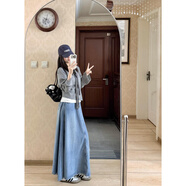 不規則辣妹a字牛仔裙女做舊夏季高腰水洗設計感新款復古半身裙子 淺藍色 S