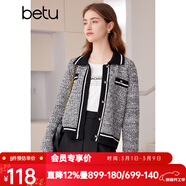 百圖betu女裝春季新款小香風(fēng)撞色短款翻領(lǐng)長(cháng)袖毛衣外套女2401T75 黑色 S