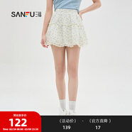 三福半身裙2024夏季碎花防走光內襯雙層短裙女裝483825 白底藍花（蕾絲下擺） S 160/64A