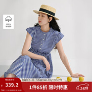 茵曼法式立領(lǐng)格子連衣裙2026夏季女裝新款純棉可調腰帶大擺長(cháng)裙 藍白格色 L