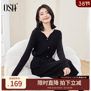 歐莎（OSA）復古紅色V領(lǐng)針織衫女冬季2025年新款軟糯毛衣收腰毛衣上衣 黑色 S