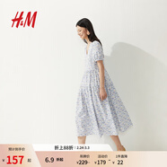 H&M女裝連衣裙春季泡泡袖度假風(fēng)V領(lǐng)植物印花長(cháng)裙1287800 白色/花卉 S 160/88