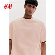 H&M男裝女裝T恤秋冬情侶裝重磅純棉寬松圓領(lǐng)紅色短袖打底衫0608945 桃粉色136 L 175/108（建議尺碼拍小一碼）