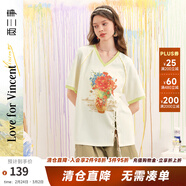 兩三事梵高文藝 暖光盛綻 2025夏季新款拼色v領(lǐng)綁帶刺繡印花t恤女寬松 米白色 M