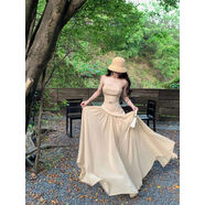 山頭林村灰塵鄧鄧一字肩衣裙女2025夏季款雪紡拼接抹胸長(cháng)裙收腰裙子 咖色衣裙帶肩帶 S S