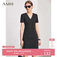 AMII女裝2025氣質(zhì)墊肩V領(lǐng)連衣裙夏季新款溫柔風(fēng)小黑裙修身 黑色 S 155/80A