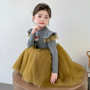 女童連衣裙春秋2026新款蓬蓬紗裙兒童秋季裙子女孩洋氣公主裙秋裝 黃色 90 cm