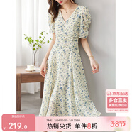 尚都比拉夏季法式碎花連衣裙泡泡袖茶歇裙氣質(zhì)女神范裙子 杏底藍花 S 