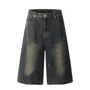 闊腿七分牛仔褲女夏季式復古高街水洗做舊直筒中褲短褲 色 S S