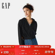 GAP女裝春季款抽繩拉鏈連帽衛衣純色寬松休閑短外套725754 黑色 XS (155/76A)亞洲尺碼