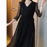 以純（YISHion）時(shí)尚雪紡連衣裙女夏季2025夏季新款森系年輕遮肚子休閑舒適連衣裙 黑色 XL 112-122斤