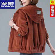 羅蒙（ROMON）燈芯絨外套女秋冬新款加絨加厚中年媽媽裝春秋裝寬松短款上衣帽子 焦糖色【春 秋 款】 M 【建議95斤內】