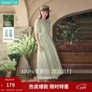 茵曼（INMAN）法式薄荷曼波連衣裙2024夏女裝新品V領(lǐng)燈籠袖抽繩 水沫綠 M