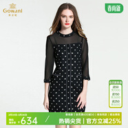 喬萬(wàn)尼春季新款拼接蕾絲中裙氣質(zhì)黑白波點(diǎn)打底七分袖連衣裙EB4E166500 黑色 S