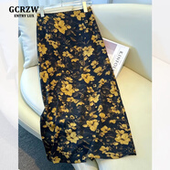 GCRZW輕奢醋酸印花半身裙女夏季薄款2026新款巨好看碎花a字裙包臀裙子 黑底黃花 【高檔氣質(zhì)款】 XL /29 建議115-125斤