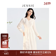 JESSIE氣質(zhì)蕾絲花邊V領(lǐng)中長(cháng)款長(cháng)袖連衣裙春季新款 杏色 S