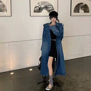 妹丫2026春季新款水洗牛仔風(fēng)衣外套女寬松復古長(cháng)款高級感大衣顯瘦百搭 藍色 L