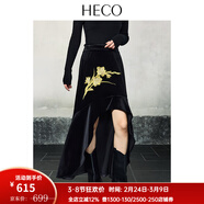 HECO【尋墨】劍蘭花刺繡燕尾黑色絲絨半身裙女2025新款秋冬不規則裙子 黑色 S