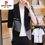 皮爾卡丹（pierre cardin）潮牌拼接中袖西服男薄款夏季韓版修身七分袖外套帥氣休閑西裝套裝 黑色+短袖T恤 XL （121-139斤左右）