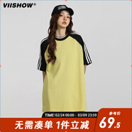 viishow美式復古短袖t恤男夏季寬松oversize潮牌條紋拼接休閑上衣   黑黃拼色 L 
