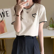 睞麥莎純棉正肩短袖T恤女拼接字母刺繡圓領(lǐng)夏季新款女裝上衣潮流打底衫 淺灰色 【半點(diǎn)心】 S 建議70-90斤