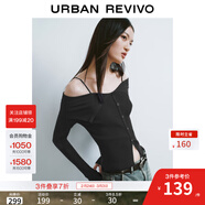 UR秋季新款女設計感翻領(lǐng)一字肩露肩修身針織衫UWJ940033 正黑 L