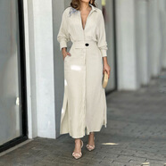 2026歐美新款氣質(zhì)女通勤系帶純色收腰長(cháng)袖不規則襯衫歐美連衣裙子 淺杏色 3XL