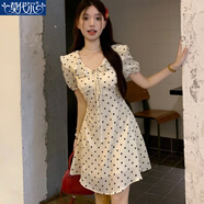 莫代爾法式波點(diǎn)系帶泡泡袖連衣裙2026夏季新款時(shí)尚簡(jiǎn)約收腰顯瘦A字短裙 杏色 S 建議【80-100斤】