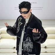 ANBIEM棒球服春秋男女同款美式潮牌寬松休閑PU皮袖夾克毛呢拼接痞帥外套 黑色(春秋款） M